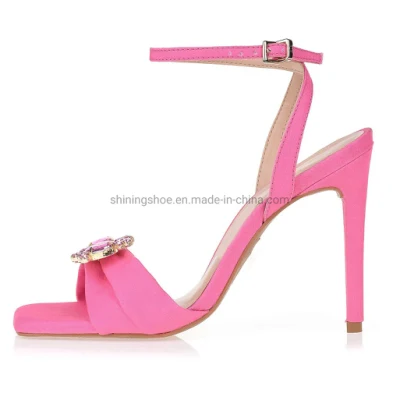 Sandálias de salto alto africano 2023 verão quente rosa cetim diamante sapatos femininos sandálias de festa