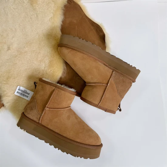 Nova moda botas de neve de couro de carneiro para mulheres de lã natural com forro curto mini inverno botas casuais quentes sapatos de tornozelo