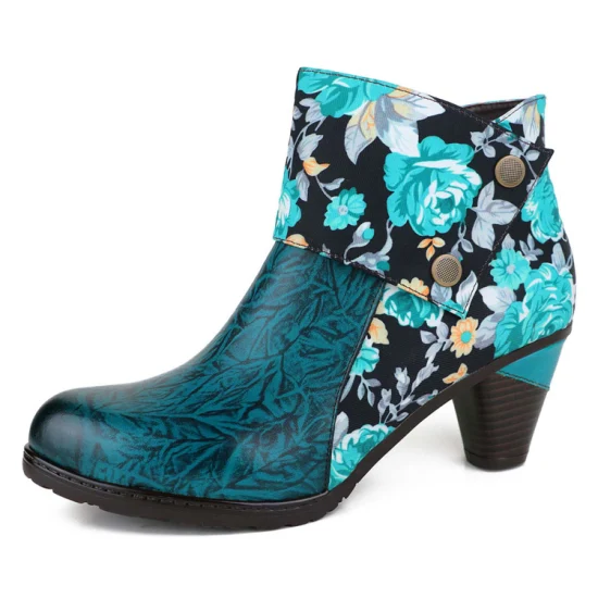 Sapatos femininos com padrão floral e emenda de couro da moda, botas de festa casuais