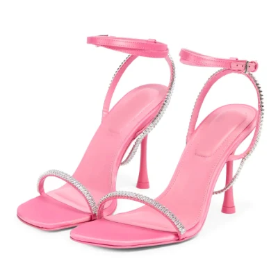 Sapatos brilhantes de cetim rosa com tiras de diamante sandálias femininas para festas