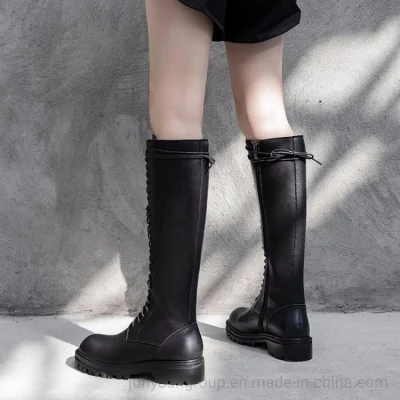 Botas femininas baratas tamanho grande até o joelho, salto alto quadrado, bezerro, botinha plana, tornozelo, fivela dupla, botas longas
